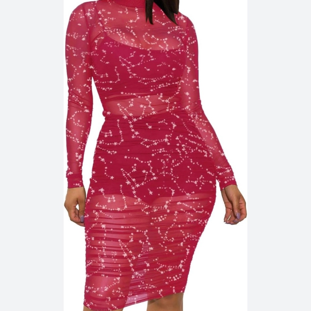 Lyaner, Red and silver Ruched mesh sheer dress, size S